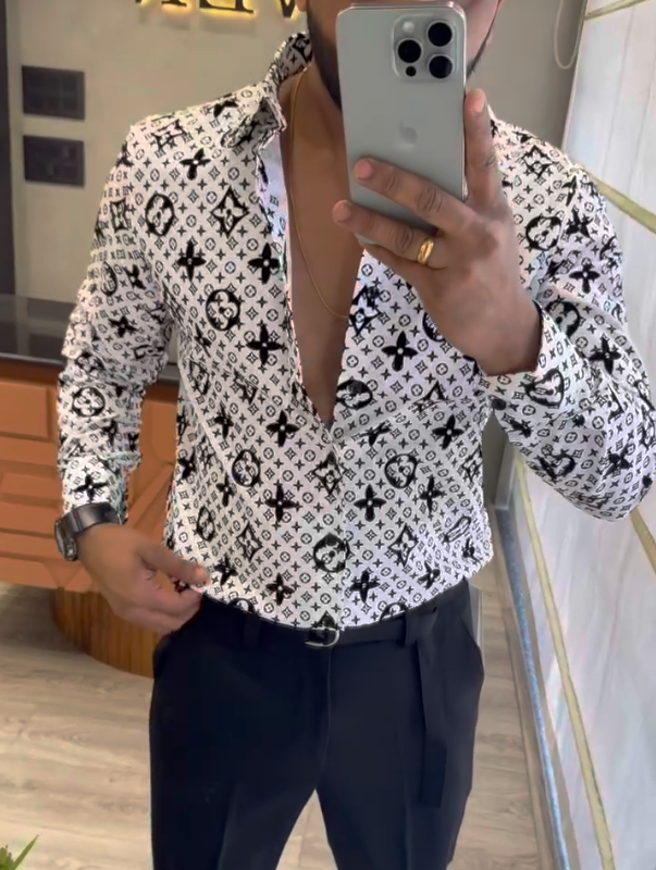 Men's Black And White Printed Luxury Long Sleeved Shirt