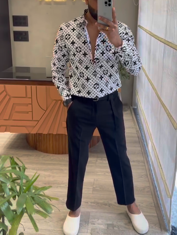 Men's Black And White Printed Luxury Long Sleeved Shirt