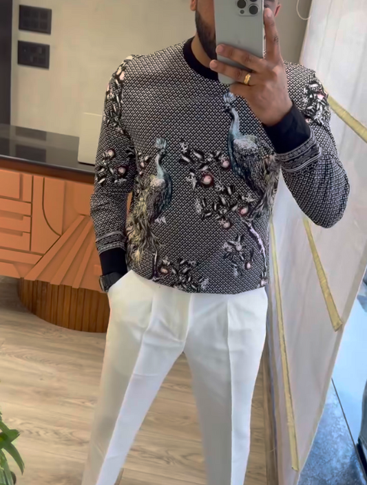 Men's Floral And Bird Print Round Neck Hoodie