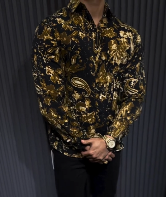 Men's Gold Cashew Flower Long Sleeved Shirt