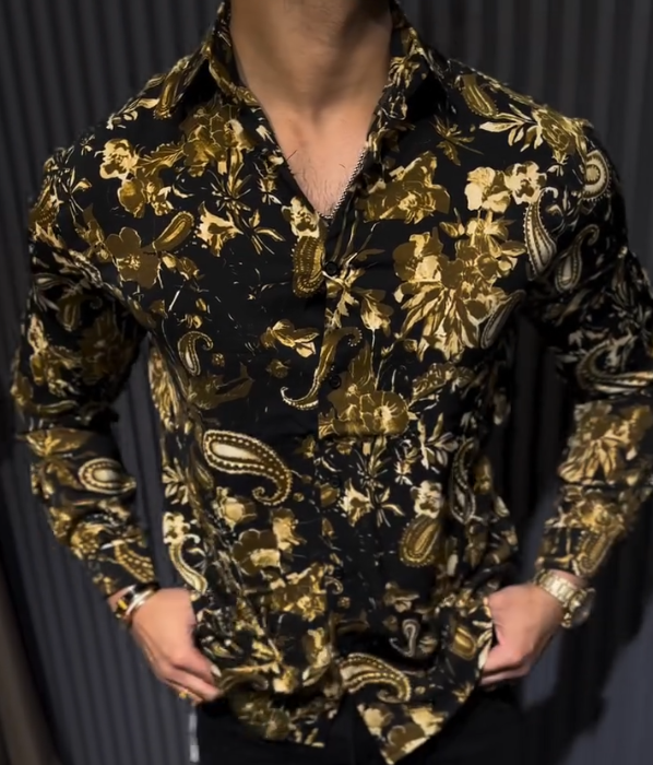 Men's Gold Cashew Flower Long Sleeved Shirt