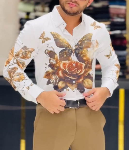 Men's Sparkling Butterfly Printed Long Sleeve Shirt