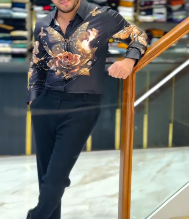 Men's Sparkling Butterfly Printed Long Sleeve Shirt