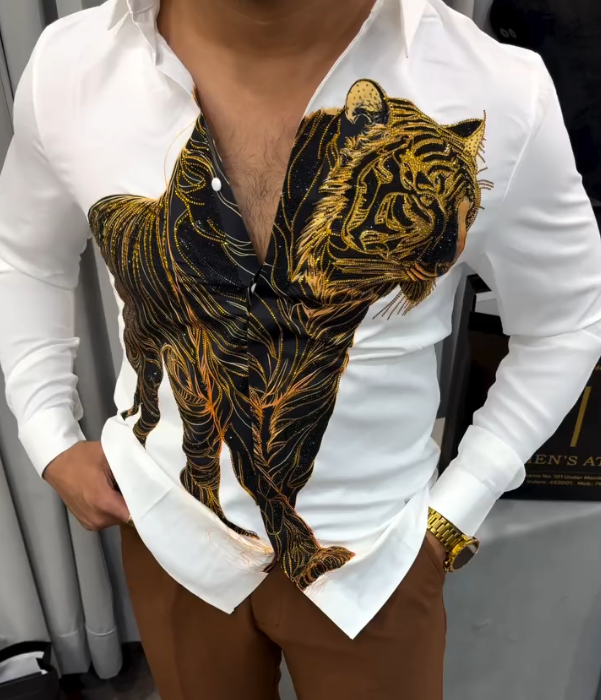 Men's Black Gold Tiger Print Long Sleeved Shirt