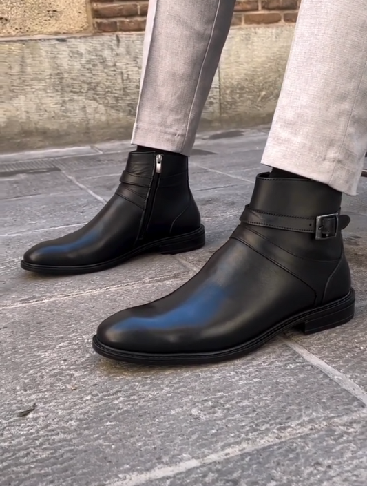 Men's Black Side Zipper Strap High Top Chelsea