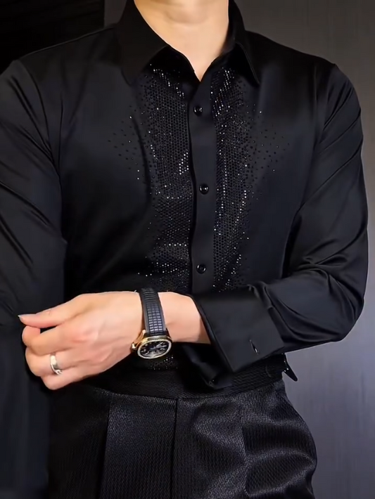 Men's Mid Length Sparkling Diamond Long Sleeved Shirt
