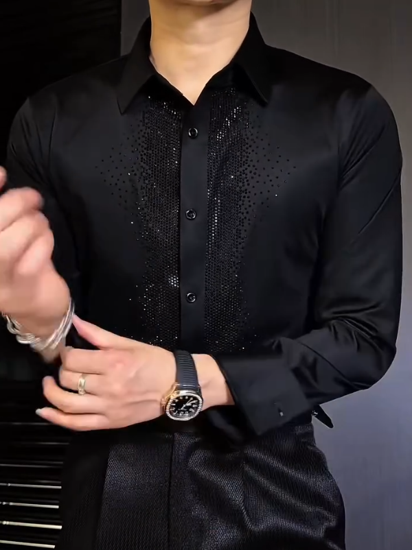 Men's Mid Length Sparkling Diamond Long Sleeved Shirt