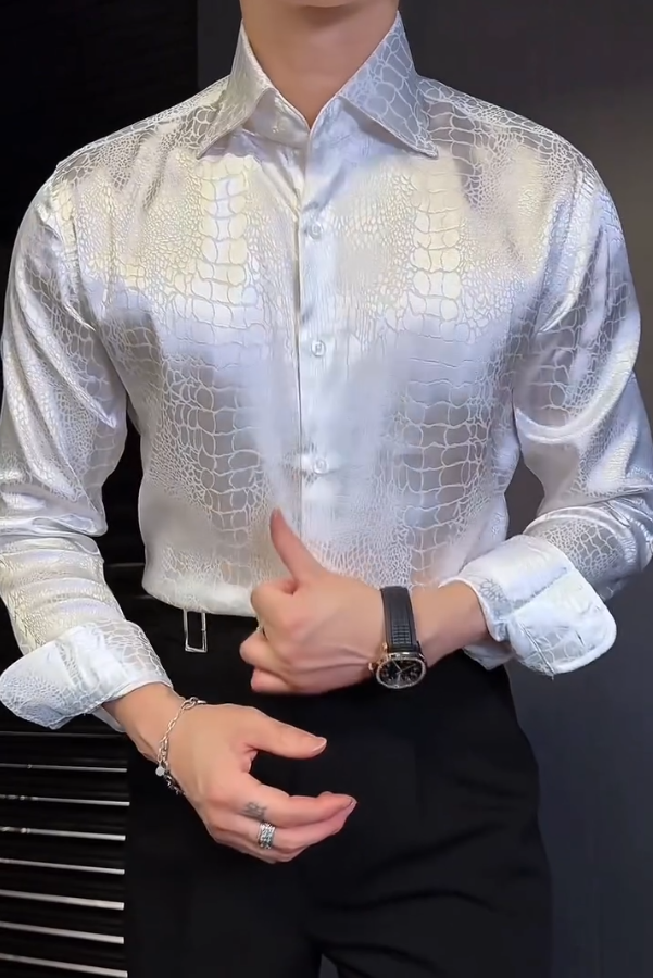 Men's Shiny Crocodile Patterned Long Sleeved Shirt