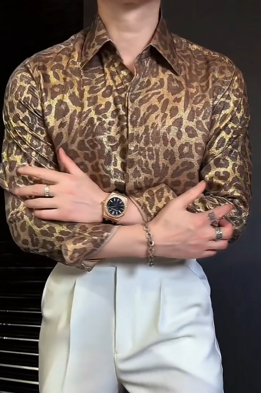 Men's Shiny Leopard Print Long Sleeved Shirt