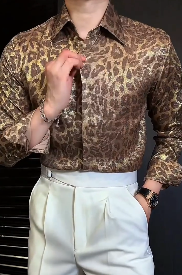 Men's Shiny Leopard Print Long Sleeved Shirt