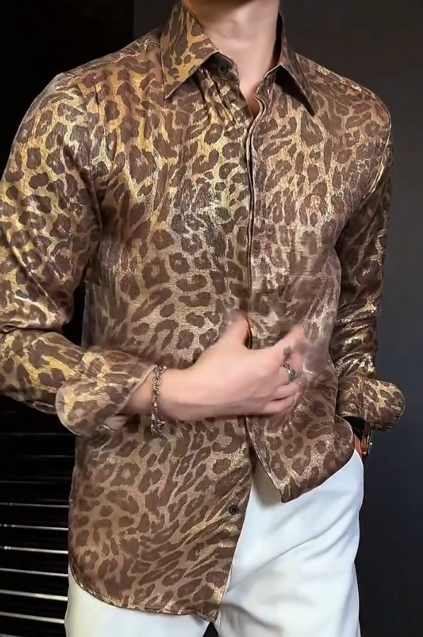 Men's Shiny Leopard Print Long Sleeved Shirt