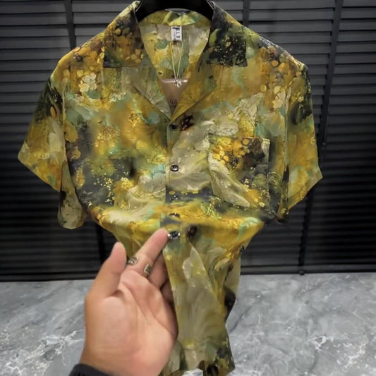 Men's Cuban Collar Printed Short Sleeved Shirt