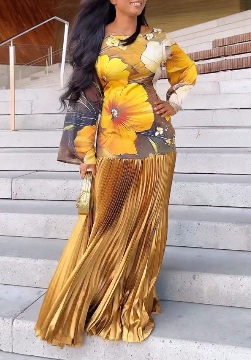 Golden Pleated Skirt Dress