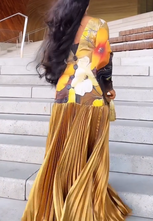 Golden Pleated Skirt Dress