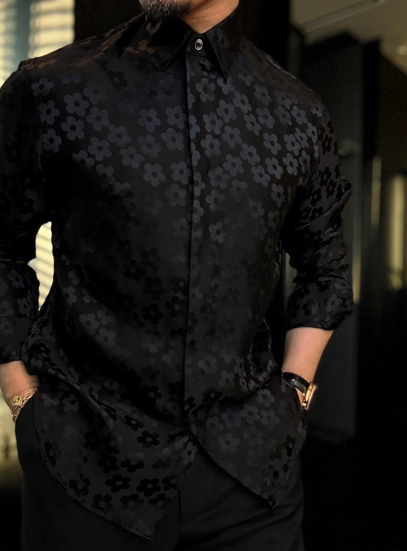 Men's Slightly Wide Sunflower Jacquard Long Sleeved Shirt