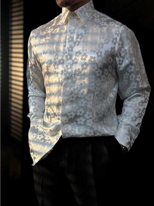 Men's Slightly Wide Sunflower Jacquard Long Sleeved Shirt