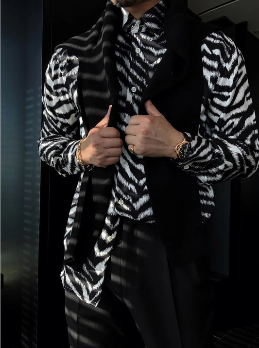 Men's Tiger Patterned Silk Long Sleeved Shirt