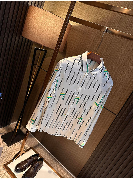 Men's High-end Silk Striped Contrasting Long Sleeved Shirt