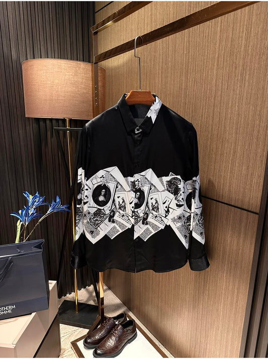 Men's High-end Silk Fashionable Printed Long Sleeved Shirt