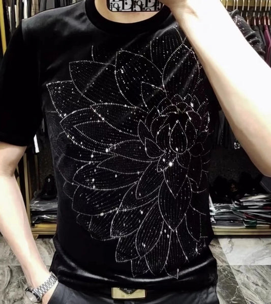 Men's Round Neck Gold Velvet Rhinestone Short Sleeved Shirt