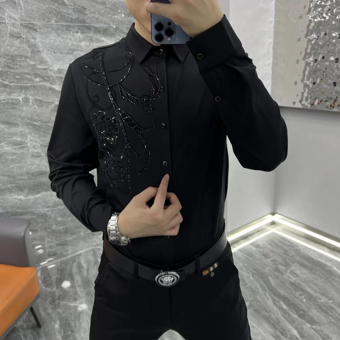 Men's Stretch Rhinestone Long Sleeved Shirt