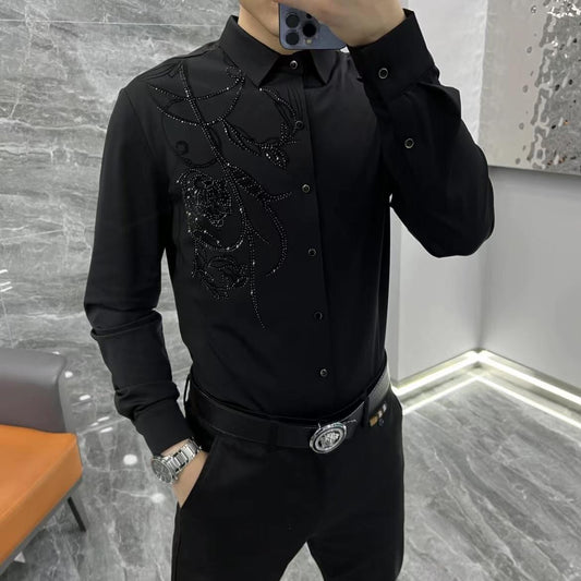 Men's Stretch Rhinestone Long Sleeved Shirt