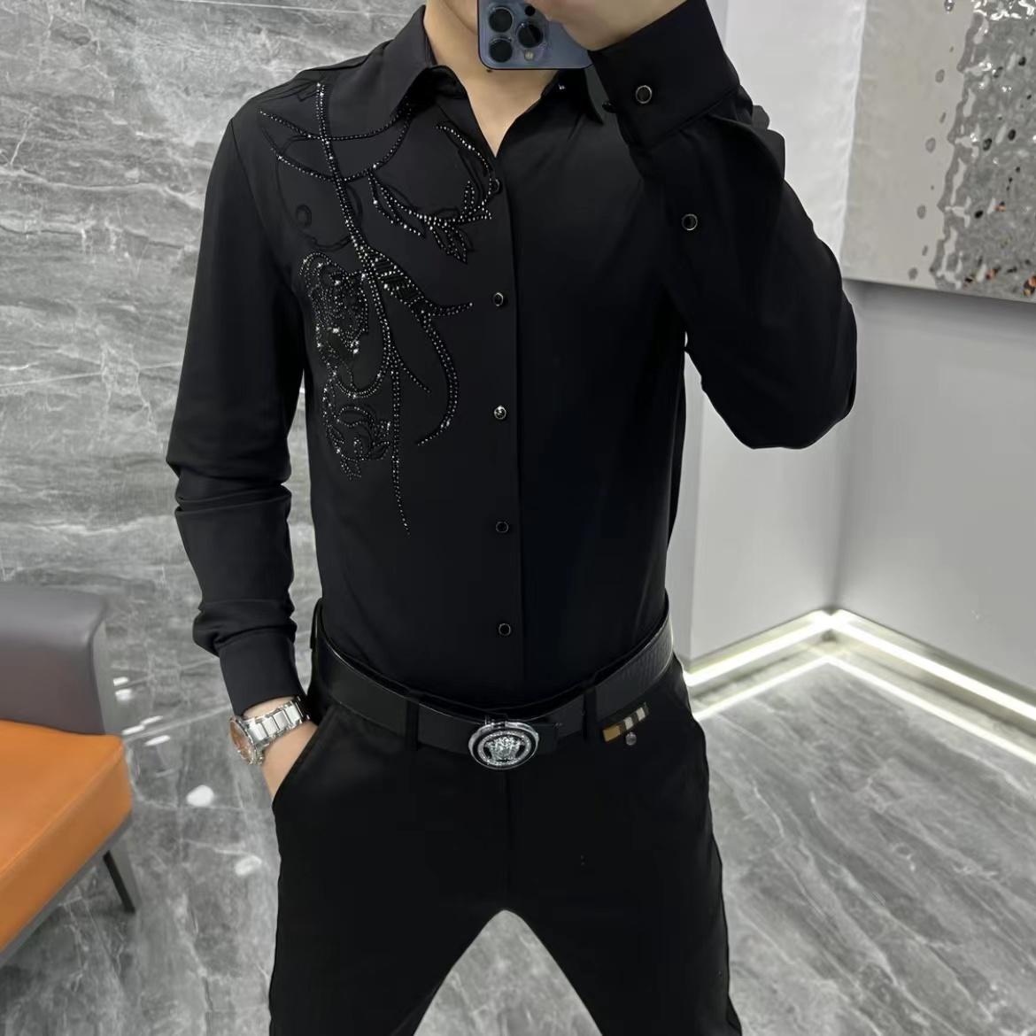 Men's Stretch Rhinestone Long Sleeved Shirt