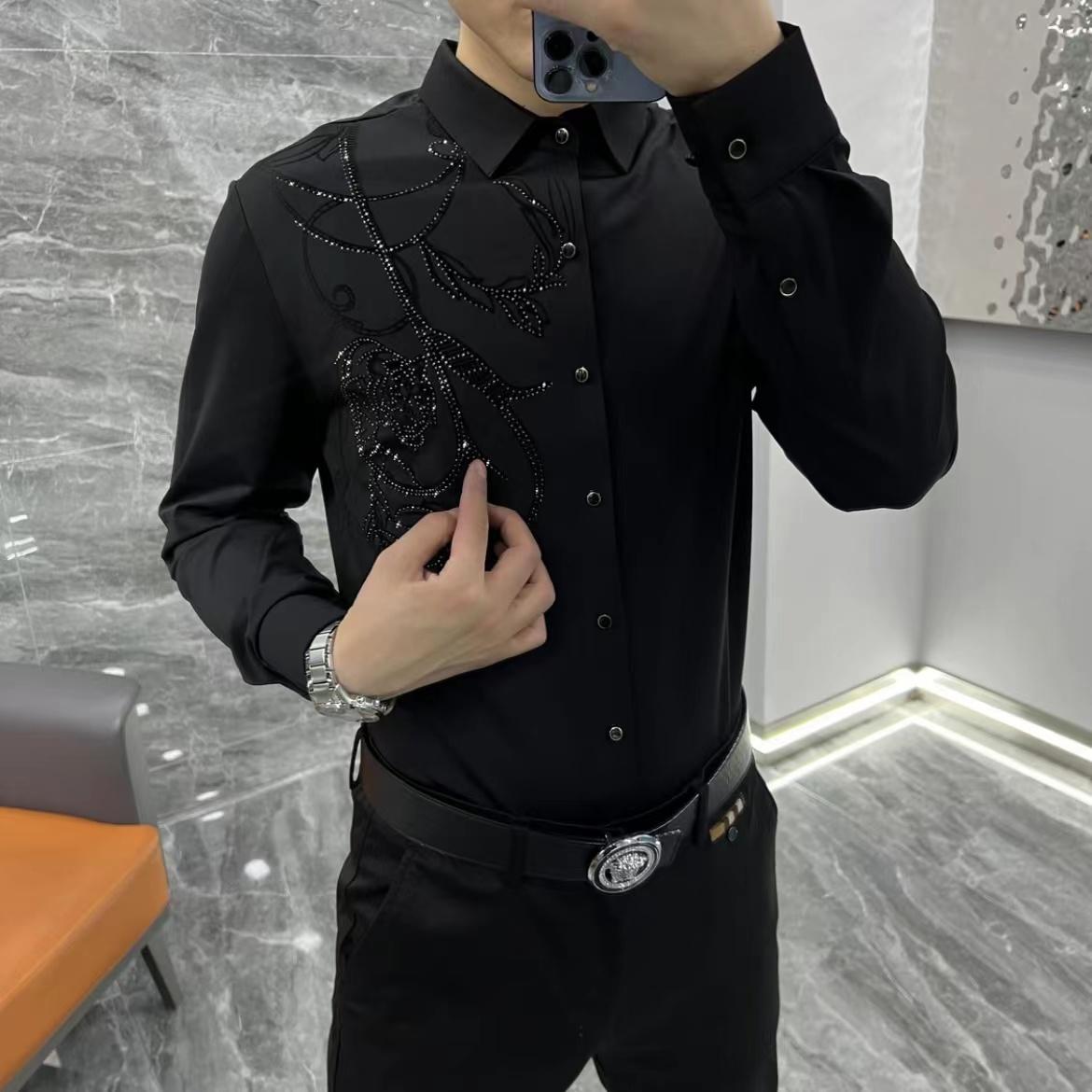 Men's Stretch Rhinestone Long Sleeved Shirt