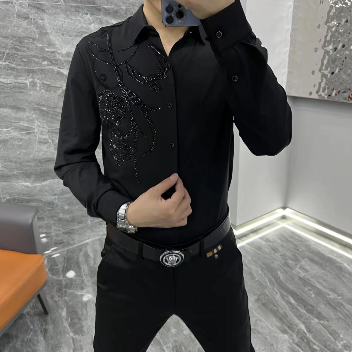 Men's Stretch Rhinestone Long Sleeved Shirt