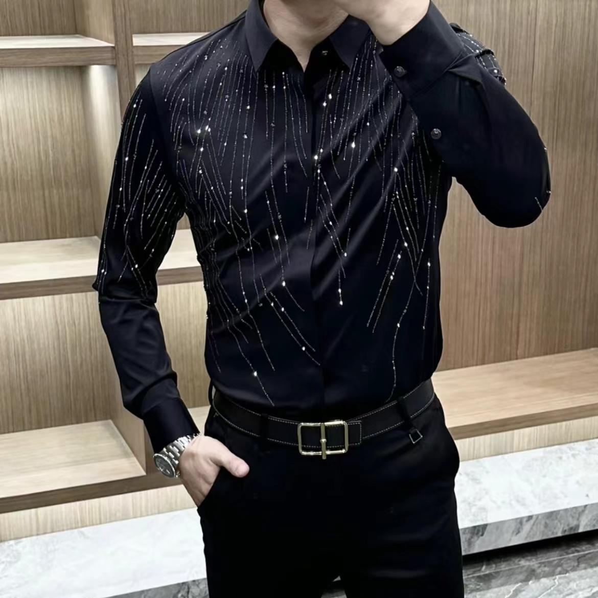 Men's Collar Hot Pressed Diamond Long Sleeved Shirt