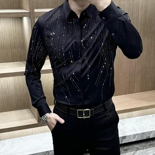 Men's Collar Hot Pressed Diamond Long Sleeved Shirt