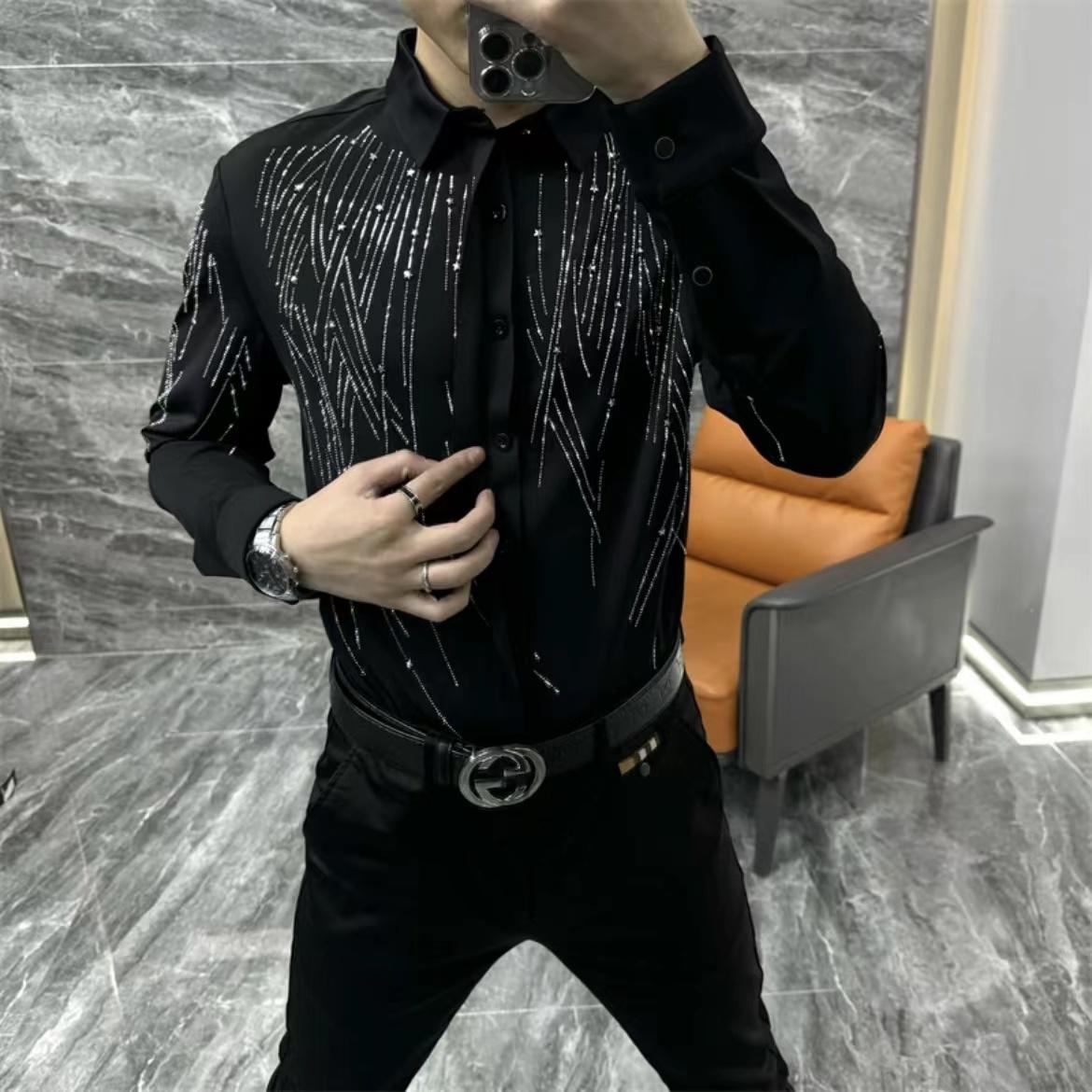 Men's Collar Hot Pressed Diamond Long Sleeved Shirt