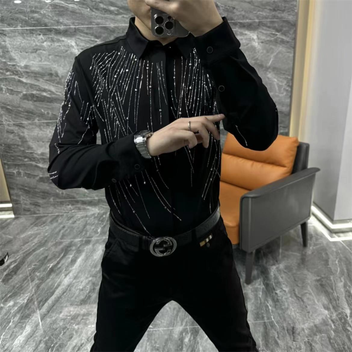 Men's Collar Hot Pressed Diamond Long Sleeved Shirt