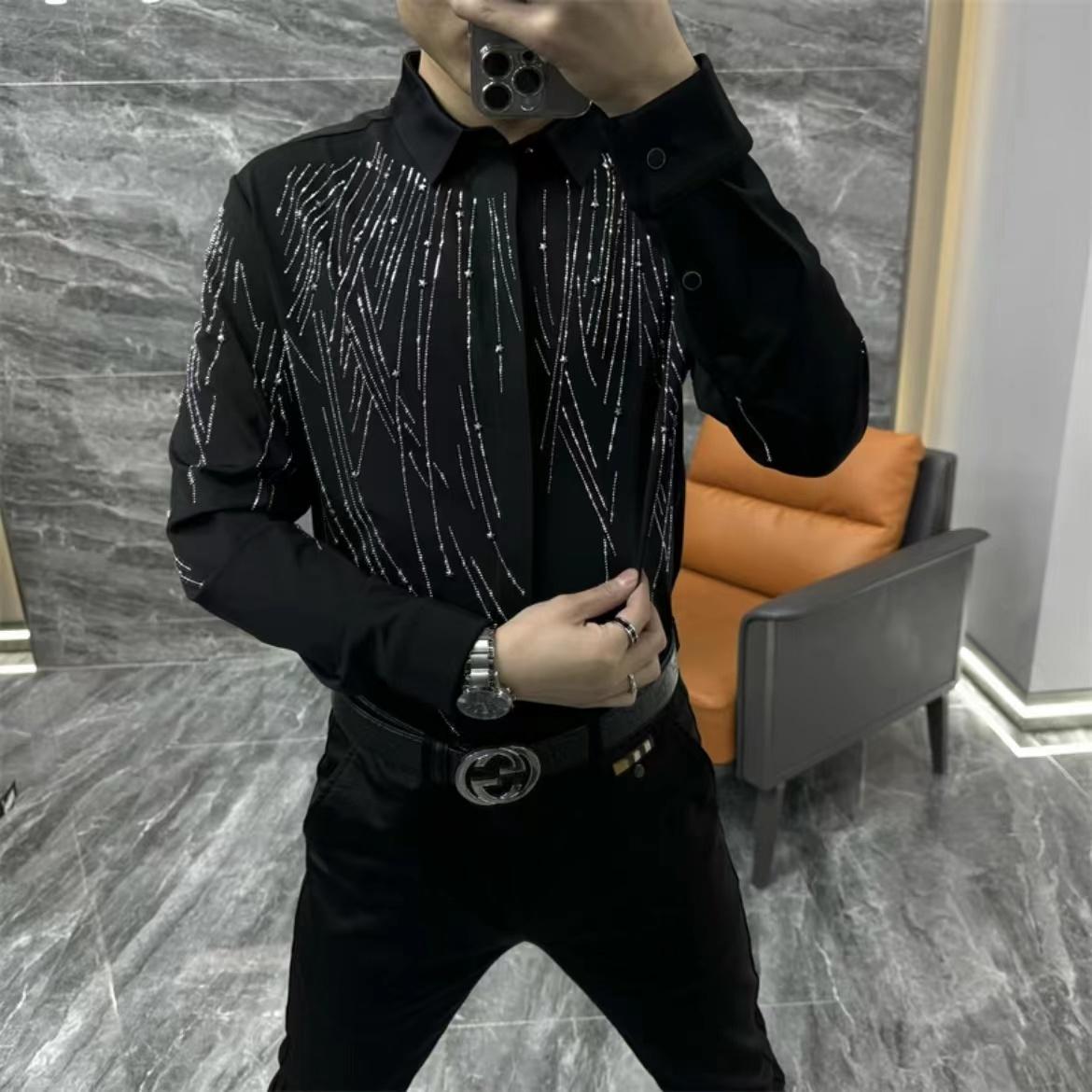 Men's Collar Hot Pressed Diamond Long Sleeved Shirt