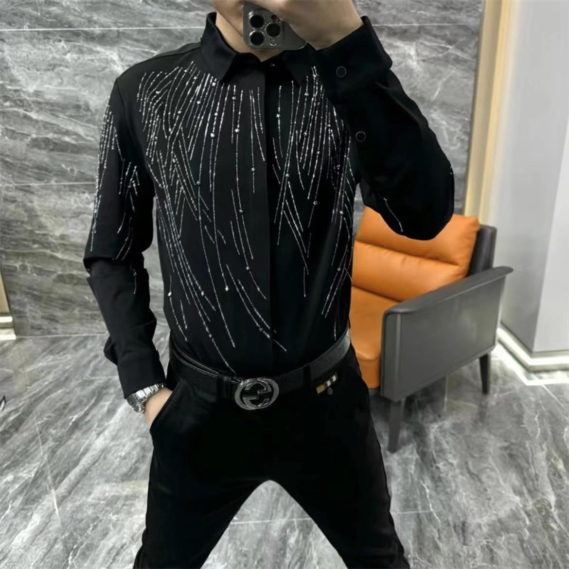 Men's Collar Hot Pressed Diamond Long Sleeved Shirt