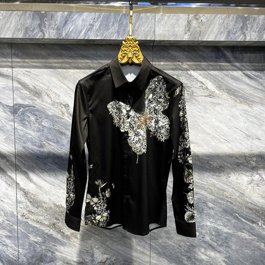 Men's Light Luxury Butterfly Embroidered Long Sleeved Shirt