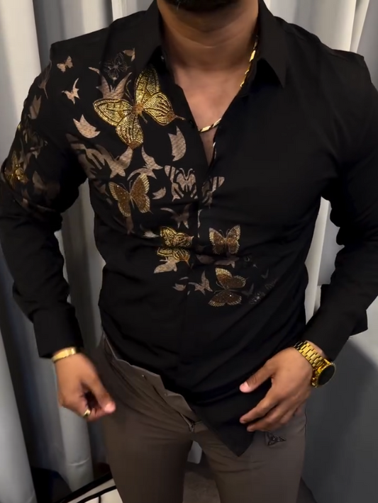 Men's Sparkling Single Shoulder Butterfly Long Sleeve Shirt