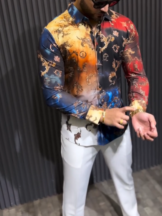 Men's Sparkling Diamond Embroidered Contrasting Long Sleeved Shirt