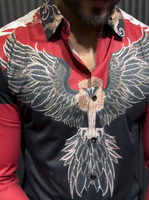 Men's Sparkling Diamond Embroidered Eagle Long Sleeved Shirt