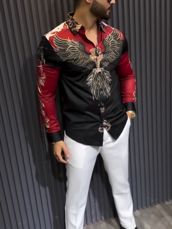 Men's Sparkling Diamond Embroidered Eagle Long Sleeved Shirt