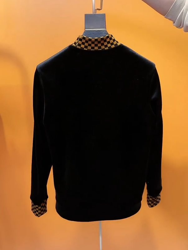 Men's Checkerboard Collar With Sparkling Diamond Long Sleeved T-shirt