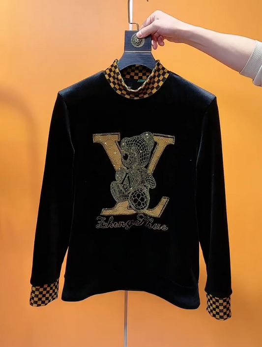 Men's Checkerboard Collar With Sparkling Diamond Long Sleeved T-shirt