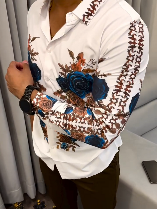 Men's Blue Rose Printed Long Sleeve Shirt