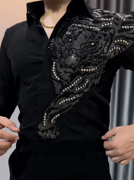 Men's Tiger Pearl Studded Diamond Long Sleeved Shirt