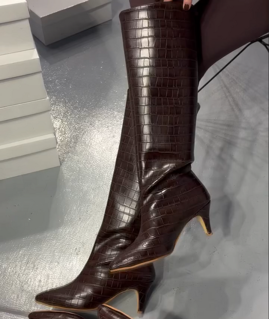 Crocodile Leather Pointed High Top Boots