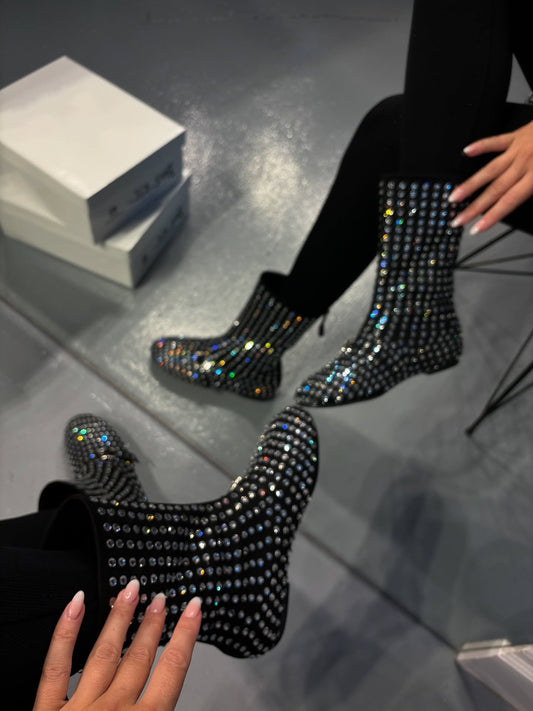 Large sparkling diamond flat bottomed high top boots