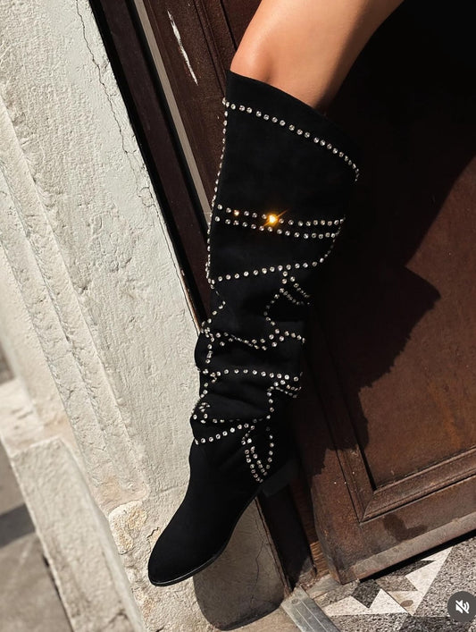 Sparkling diamond wrapped horseshoe bottom high top boots