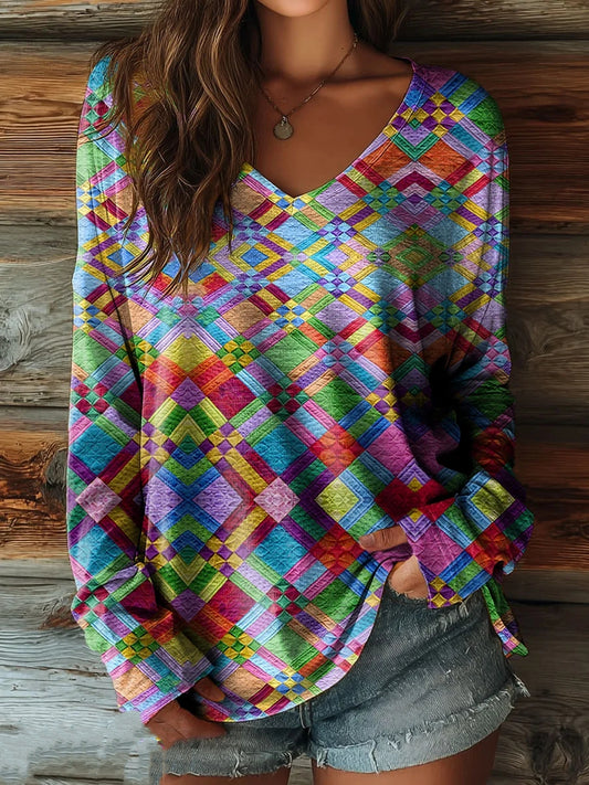 Women's Colorful Geometric Art Print Casual V-Neck Long-Sleeve T-Shirt