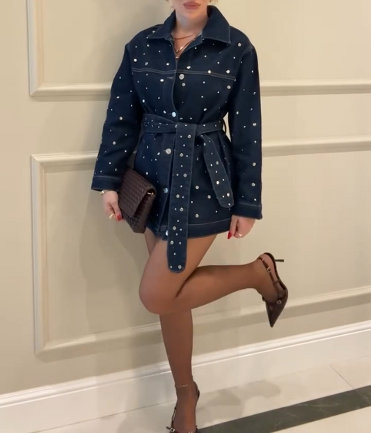 Polka Dot Long Sleeved Denim Short Skirt