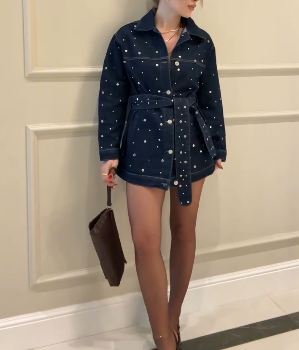 Polka Dot Long Sleeved Denim Short Skirt